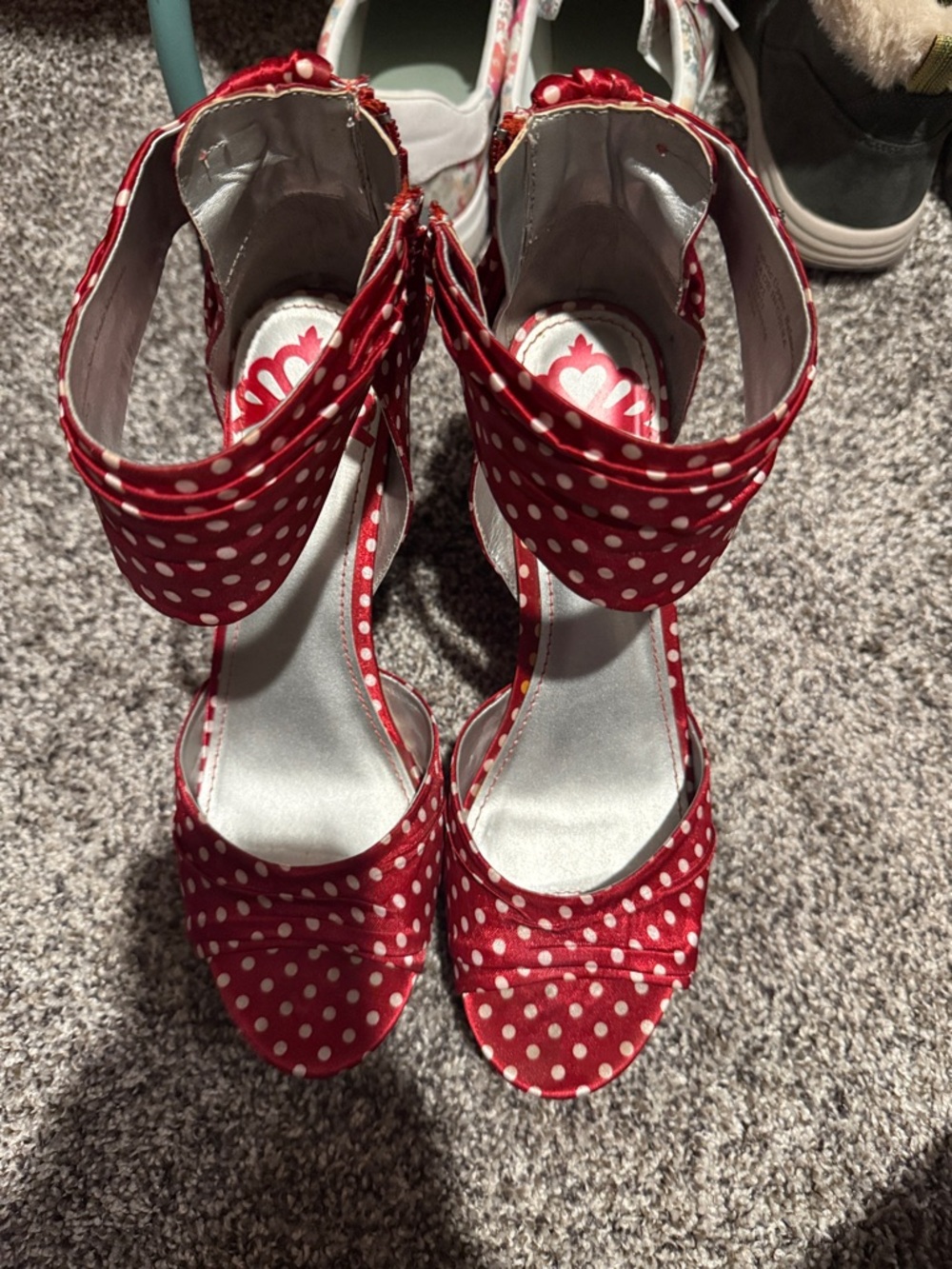 Red Polka Dot Ankle Strap Peep-Toe Heels